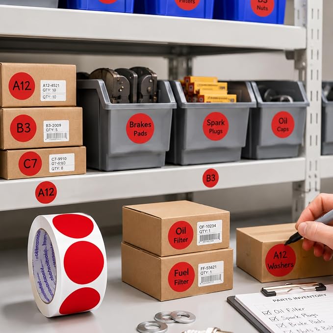 Red Circle Stickers, 2 Inch, 500/Roll | Large Sticker Dots with Semi-Gloss Paper for Inventory, Classrooms, and Offices. Made in USA