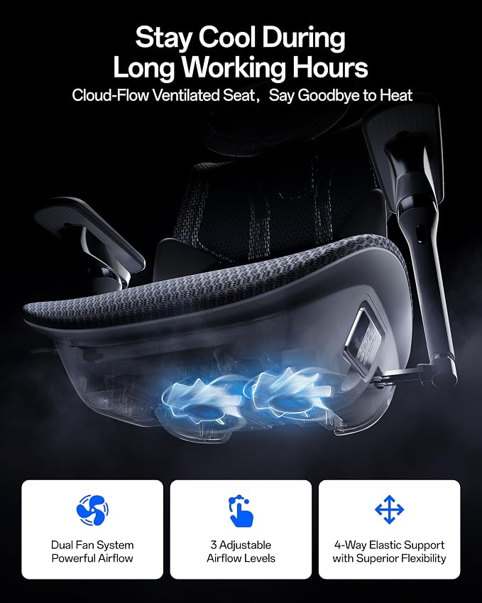 Hbada X7 Smart Ergonomic Chair, Office Chair, with Fully Automated Lumbar Tracking, 4D Adjustable Headrest, 720° Adjustable Armrests, Ventilated Seat Cushion, Swivel, Black