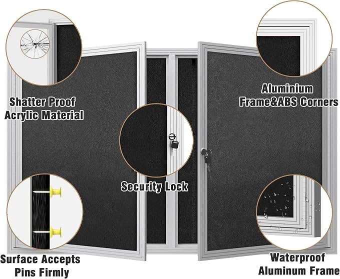 Mifuro 48"x30" Enclosed Bulletin Board, Outdoor Lockable Weather-Resistant Aluminum for School & Office, Silver Frame w/Black Flet