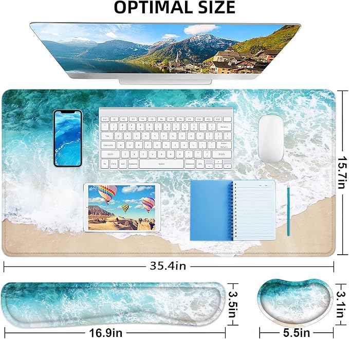 Large Mouse Pad with Wrist Rest, 4-in-1 Wrist Rest for Keyboard and Mouse | Non-Slip Waterproof Desk Mat Set, 35.4"x15.7" Desk Mat+Keyboard Wrist Rest+Mouse Wrist Support+Cup Coaster for Home Office