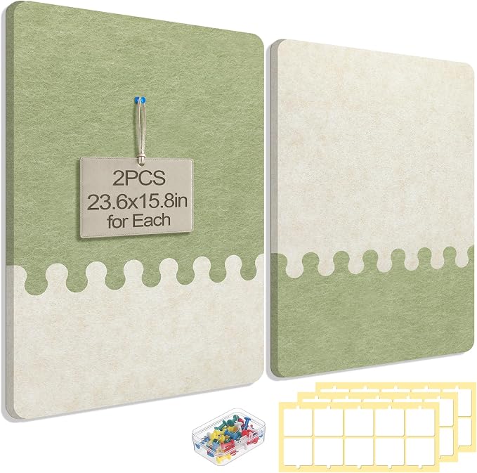 2Pcs Thickened Felt Bulletin Board for Home Office Wall Decor, 23.6x15.8in | Create a Comfy, Personalized Office, 2-Tone Vision Pin Board with Pins & Nano Tapes, Cork Boards Alternative, Sage/Camel