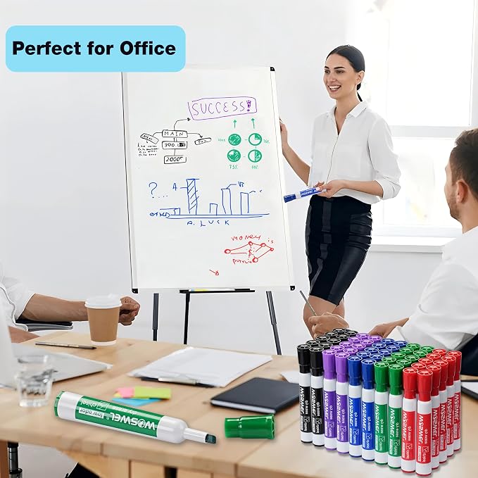 WOSWEL Dry Erase Markers, Chisel Tip Whiteboard Markers, Low Odor Thick Dry Markers, 50 Bulk 5 Assorted Colors (Black/Blue/Red/Green/Purple) for Teachers, Classroom, Office & Home Use