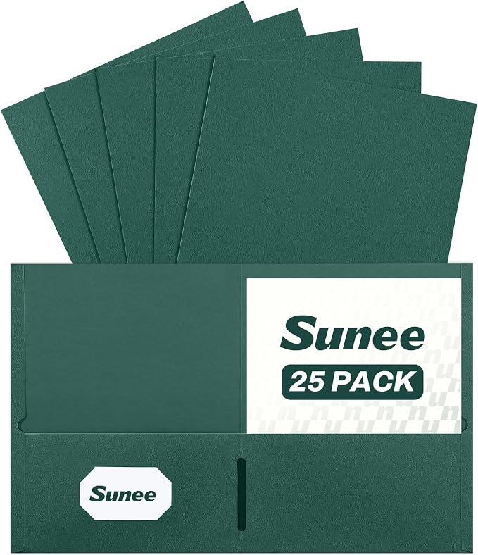 SUNEE Two Pocket Folders, 25 Pack File Folders with Business Card Slot, Textured Paper, Fit Letter Size Paper, Paper File Folder for School Office Home Business, Hunter Green
