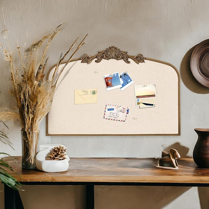 Vintage Framed Pin Board Linen Display Bulletin Board Large Ornate Fabric Picture Photo Pinboard Memo Decorative Prayer Pinboard Ornate for Wall Gift(Arch,23.6" X 35",Antique Golden)
