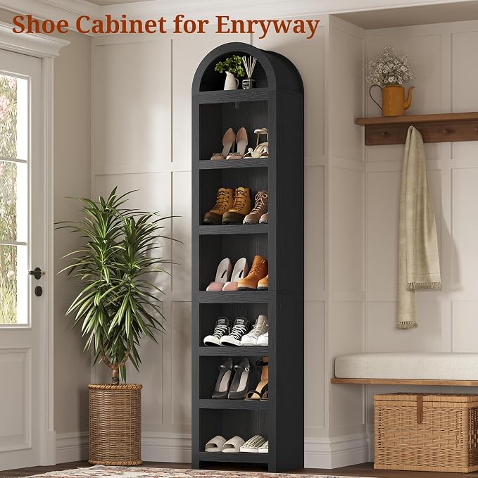76" Tall Narrow Arched Bookcase,7-Teir Mid-Century Modern Bookshelf,Adjustable Shelves offering More Storage Space for Living Room,Kitchen,Home Office,Black
