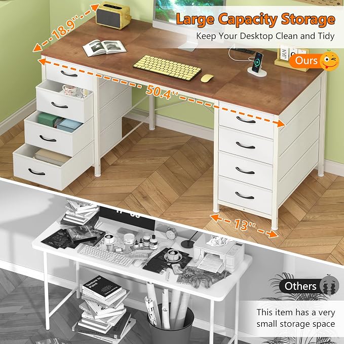 50 Inch Computer Desk with 8 Drawers for Home Office, Bedroom, Living Room | Home Office Desk with Power Outlets, Work Study Gaming Desk with 8 Fabric Drawers, Brown & White