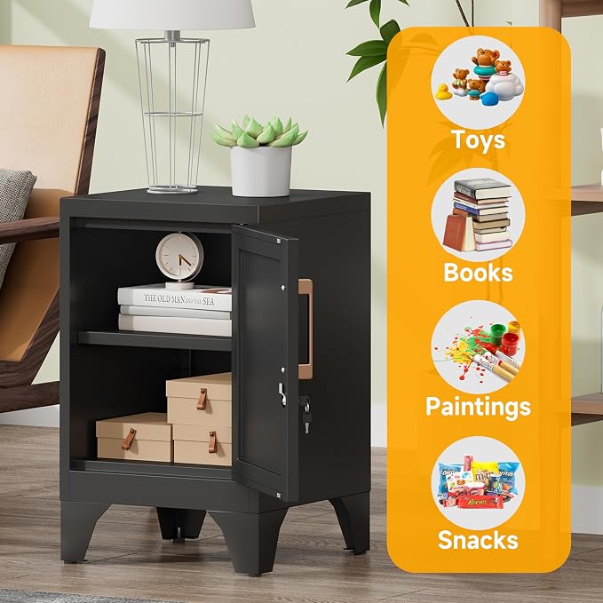 23.6" H Metal Locker Nightstand Set of 2,Black Locking Night Stand with Door and Adjustable Shelf, Small Side Table with Detachable Legs for Home Office,Living Room or Bedroom,Easy Assembly