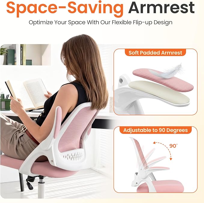 NEO CHAIR Office Computer Chair Ergonomic Mesh Back Flip-Up Arms, Pink | Lumbar Support, Smooth-Rolling Casters, Height Adjustable Seat, Comfortable Seating for Office, Study and Computer Work