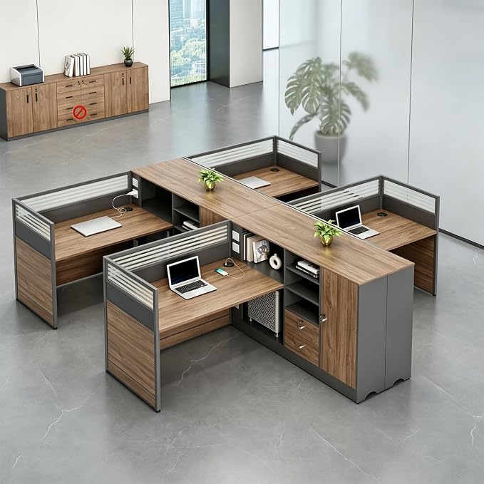 Modern Office Workstation Desk with Side Storage Cabinet, Tempered Glass Privacy Panels, USB Charging Hub & Cable Management, Modular Cubicle Desk for Office Work (C - Right, 4P-A)