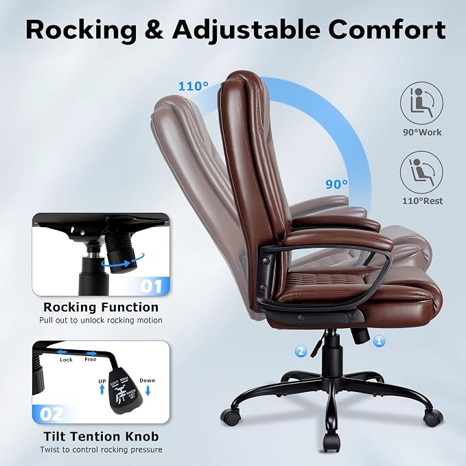 Office Chair, High Back Ergonomic Home Office Desk Chairs with Lumbar Support, Adjustable Big and Tall Computer Chair, 360° Swivel, PU Leather, Brown