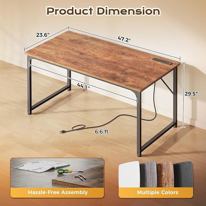 47 X 24 Inch Deeper Desk with Power Outlets | Computer Desk for Bedroom, Office Desk for Work from Home, Writing Study Gaming Table, Stable Metal Frame, Rustic Brown