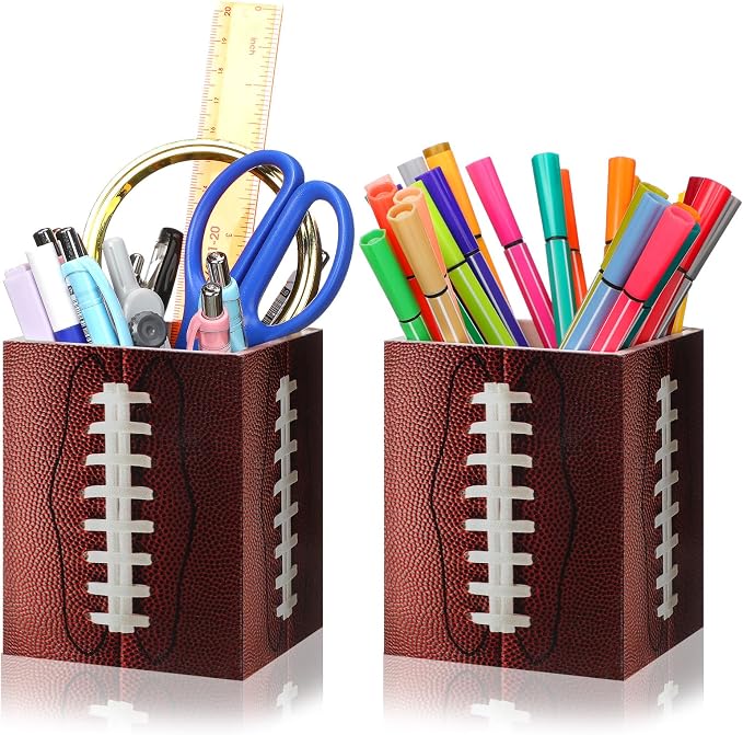 Sherr 2 Pcs Wood Pencil Holder Pen Holder for Classroom Back to School Football Pencils Cup Wooden Dispenser Storage Organizer for Teacher Students First Day School Gifts Office Desk