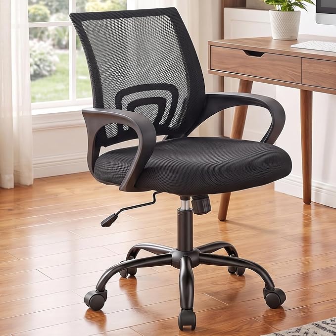 DUMOS Ergonomic Office Chair, Executive Desk Chair with Lumbar Support | Mid Back, Breathable Backrest, Fixed Armrest, Height Adjustable, 360° Swivel, Computer Gaming, Meeting, Black