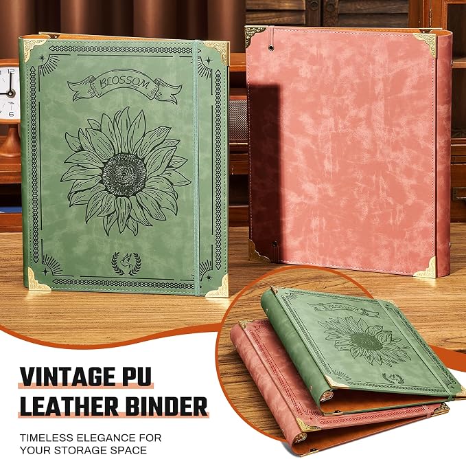 Ovesmusl Sunflower PU Leather 3 Ring Binder 2 Inch Fits 8.5"x11" Paper | 2 Inch Round Ring Binder Holds 500 Sheets, Notepad Paper Cover Loose Leaf Organizer, Green