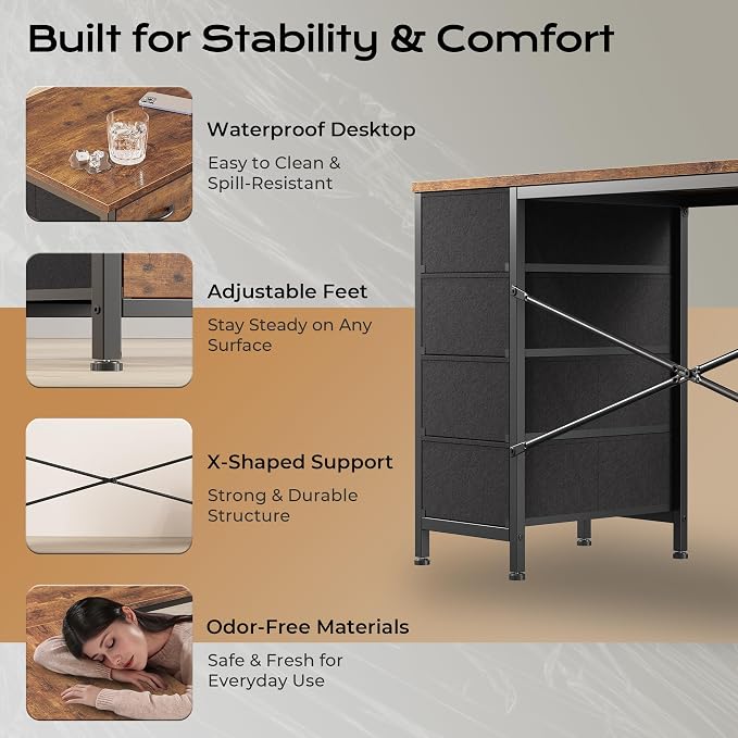 Huuger 63 Inch L Shaped Desk with Fabric Drawers, Computer Office Desk with Power Outlets and USB-C Port, Corner Desk with Storage Shelves, Work Study Home Office, Reversible, Rustic Brown