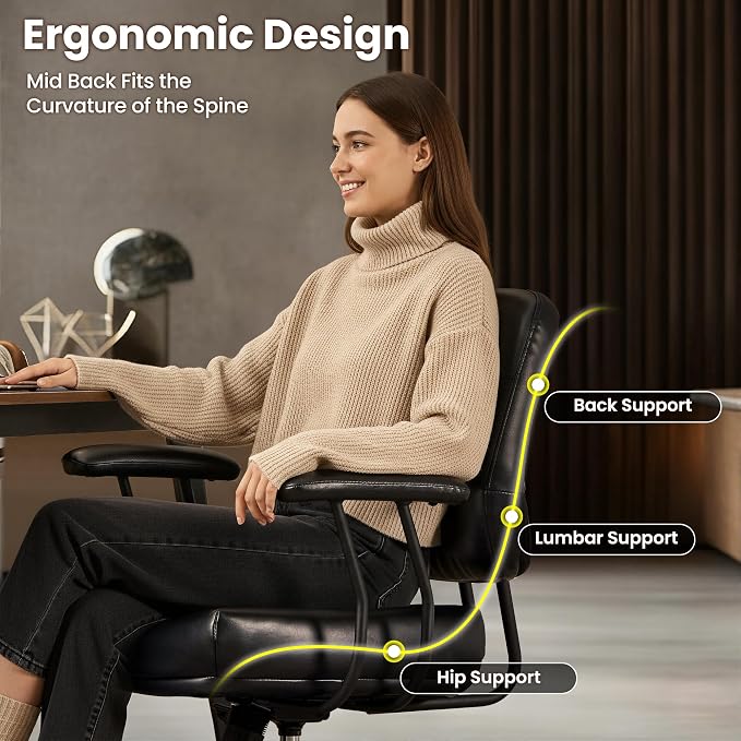 ovios Home Office Chair with Thick Cushion, Mid-Century Modern Faux Leather Ergonomic Chairs, Mid Back Swivel Rolling Computer Executive Armchair (Black, PU Leather)