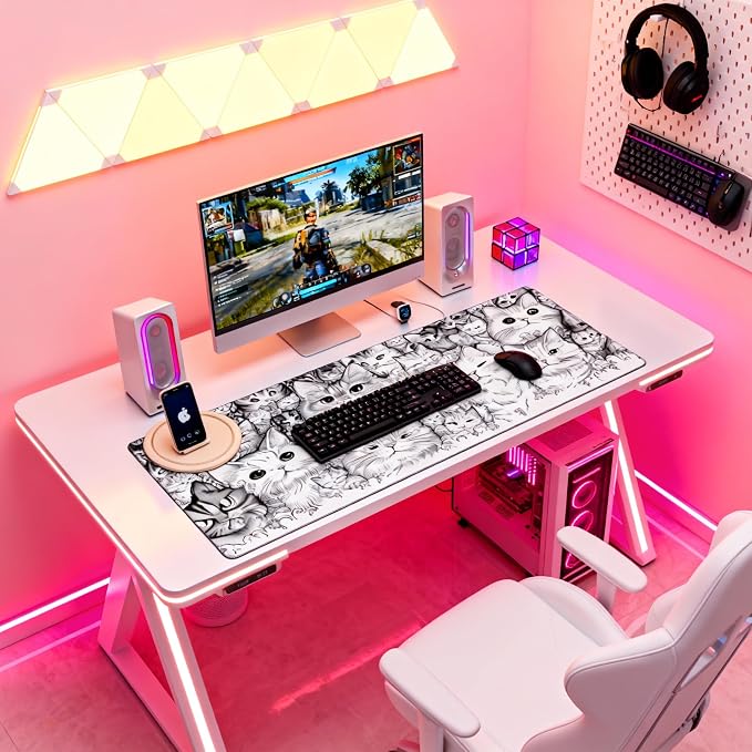 Anime White Cat Gaming Mouse Pad, Black White Sketch Desk Mat with Anti-Slip Base & Stitched Edges,35.4" x 15.7" in Desk Accessories for Women, Home Office Decor & Artistic Gift