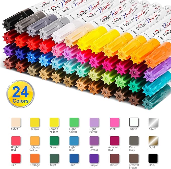 Overseas Paint Marker Pens - 24 Colors Permanent Oil Based Markers, Medium Tip, Quick Dry and Waterproof Assorted Color Paint Pen for Metal, Wood, Plastic, Stone, Mugs, Canvas, Glass, Art Craft