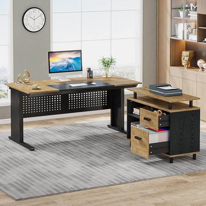 Tribesigns 63 Inch Executive Desk with File Cabinet, Large Office Desk L Shaped Computer Desk with Drawers and Storage Shelves, Business Furniture Desk for Home Office, Wood Color and Black