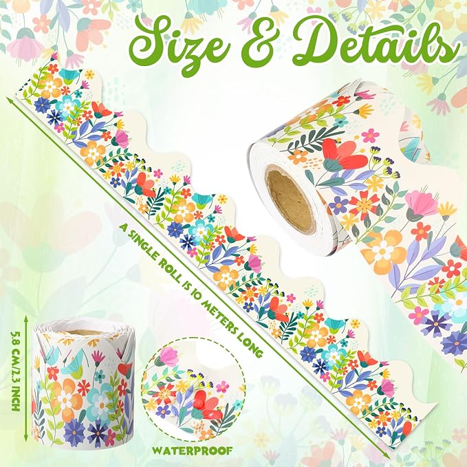 32.8 Ft Wildflower Bulletin Borders Floral Trim for Classroom | Scalloped Edge Trim, Pastel Wildflower Design for Classroom, Spanish Fiesta Classroom Office Decor, Colorful Floral Borders