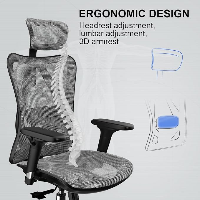 SIHOO M57 Ergonomic Office Chair, Mesh Back Desk Chair with 3D Armrests | Lumbar Support & Adjustable Headrest, Comfortable Computer Chair, Office Chair Hold 330 LBS, Home Office - Grey
