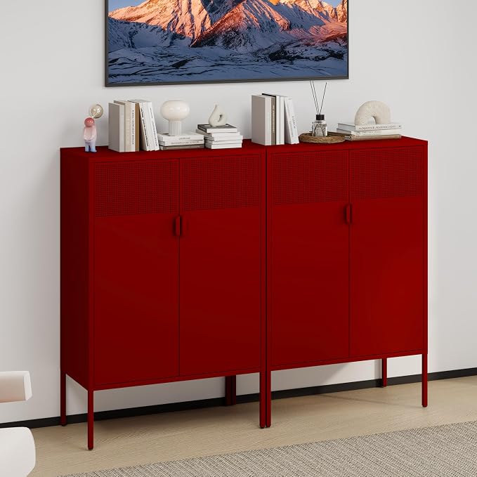 3-Tier Metal Storage Cabinet with 2 Adjustable Shelves & Mesh Doors | 2 Metal Locker Accent Cabinet with Legs, Red Storage Cabinets, Metal TV Stand Cabinet for Home Office, Entryway & Hallway