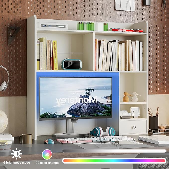 ChooChoo Desktop Bookshelf with Lights and 5 Shelves and 1 Drawer | 36.4" Tall Countertop Desk Hutch, Computer Desk, Desk Shelf Organizer, Dorm Office Home, White