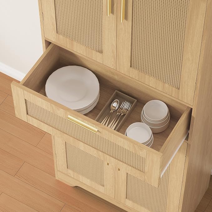 Iwell Tall Storage Cabinet with 2 Adjustable Shelves & Large Drawer, Rattan Cabinet with 4 Doors, Pantry Cabinets for Dining Room, Living Room, Home Office, Natural