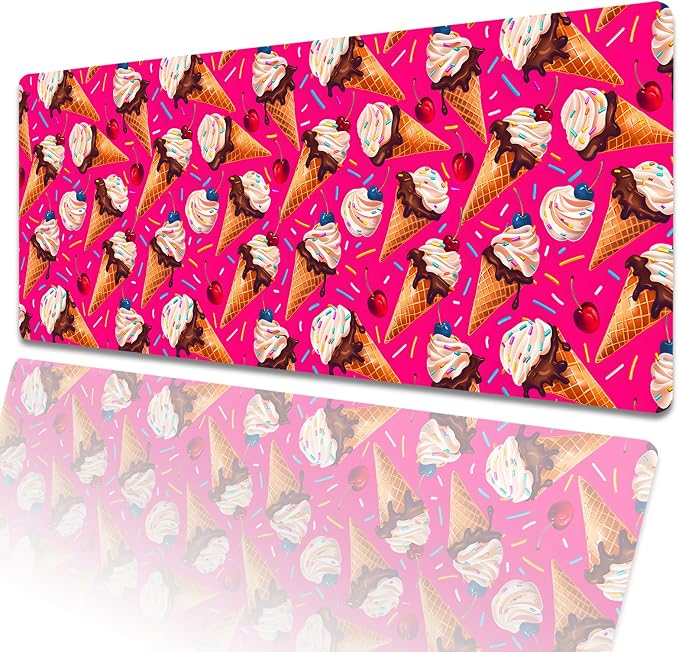 Ice Cream Pink Extended Mouse Pad 31.5x11.8in, Pink Dessert Pattern Large Desk Mat with Non-Slip Rubber Base, Big Mousepad for Laptop Computer PC, Gaming Office Home Decor, Deskmat Gifts