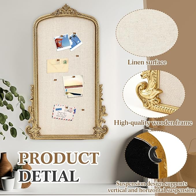 Vintage Framed Pin Board Linen Display Bulletin Board Large Ornate Fabric Picture Photo Pinboard Memo Decorative Prayer Pinboard Ornate for Wall Gift(Arch,19" X 31",Gold)