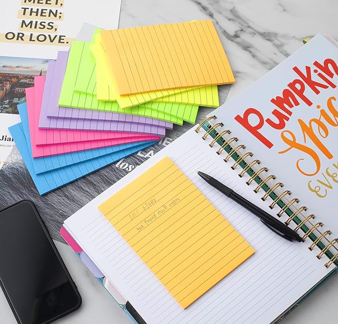 (12 Pack) Lined Sticky Notes 4x6 in,Large Notepads with Lines,Ruled Stickies Super Sticking Power,Office School Memo Note Pads Bright Colors,Post on Windows Doors,Recyclable,Easy to Write on