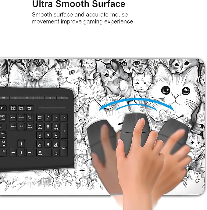 Anime White Cat Gaming Mouse Pad, Black White Sketch Desk Mat with Anti-Slip Base & Stitched Edges,35.4" x 15.7" in Desk Accessories for Women, Home Office Decor & Artistic Gift