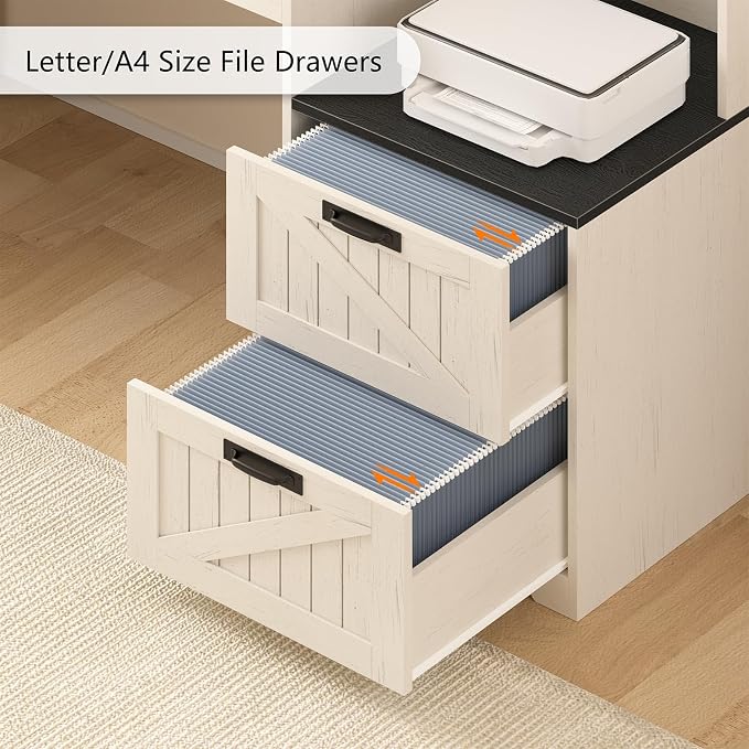 63" Farmhouse L Shaped Desk with Drawers and Printer Stand for Home Office | Computer Desk with Power Outlet, Home Office Desk with Storage Shelves and Monitor Stand, Black and White