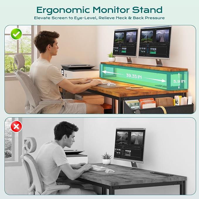 EnHomee 56.5" Office Desk with Drawers & Printer Space for Home Work,Brown | Computer Desk with 3 AC Outlets& 2 USB Ports,Waterproof LED Strip Lights,Monitor Stand & Side Pockets,Home Office,Bedroom