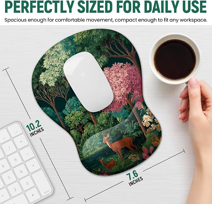 Ergonomic Mouse Pad with Wrist Rest, Gel Wrist Support, Forest | 10.2 x 7.6 in Mouse Pad with Smooth Fabric Surface and Non-Slip Rubber Base for Office, Home, Study, and Gaming