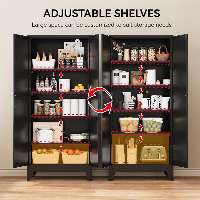 COFaR 71" Black Metal Storage Cabinet with Doors for Office and Garage | 5-tier kitchen pantry cabinet with square-panel doors and 4 adjustable shelves for laundry room, office or garage storage.
