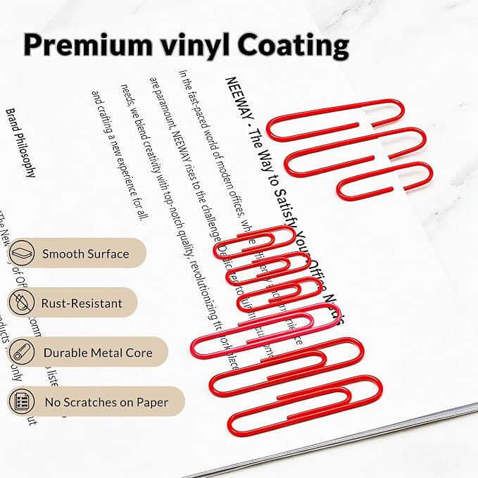 NEEWAY 450pcs Paper Clips Assorted Sizes, Small and Large Paper Clips (1.1 inch, 2 inch), Coated Paperclips for Office School Document Organizing (Red)