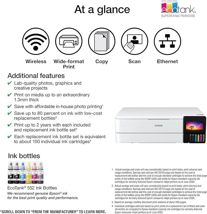 Epson EcoTank Photo ET-8550 Wireless Wide-format Color All-in-One Supertank Printer with Scanner Copier, Ethernet and 4.3-inch Colorfull Touchscreen