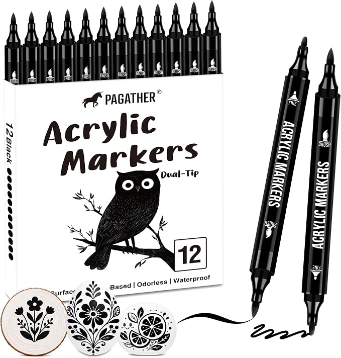 Pagather Black Acrylic Paint Markers, 12 Dual Tip with Fine Tip and Brush Tip Pens for Fabric, Stone, Wood, Canvas, Ceramic, Metal, Glass, Rock Painting, DIY Crafts