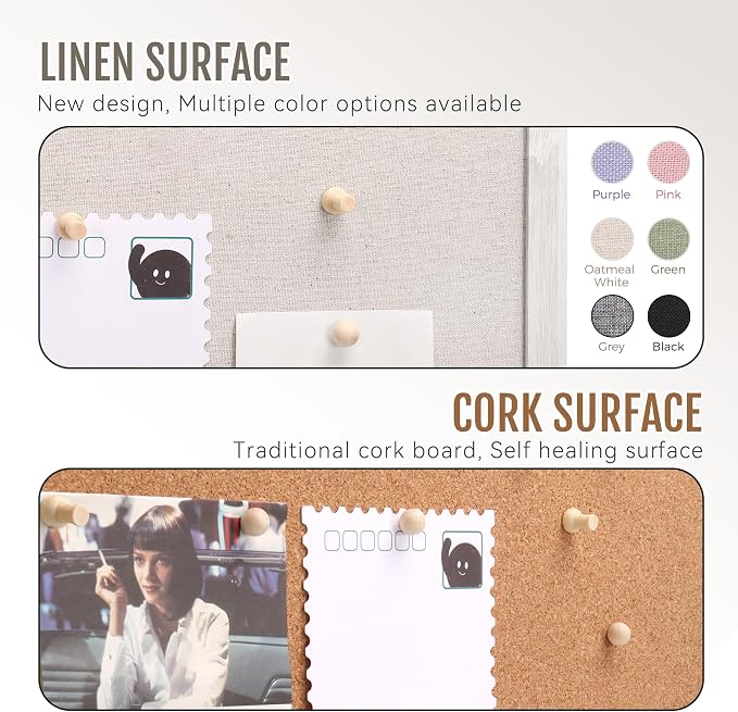 SELEAD Double-Sided Linen and Cork Bulletin Board (48"x24", Oatmeal White) | 2-in-1 Fabric Linen & Cork Pin Board, White Wood Frame Wall Decor Photo Display Vision Board for Home Family, Office, Kitchen