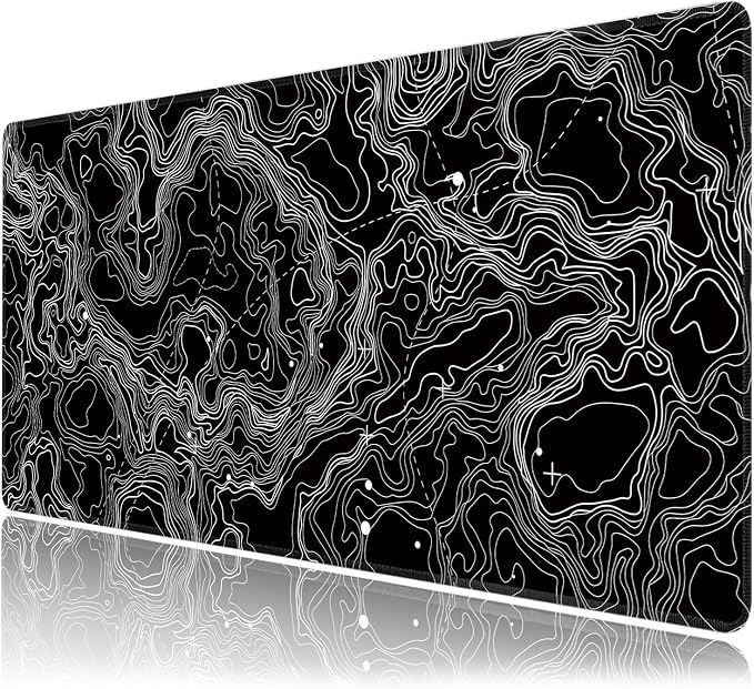 Black with White Topographic Line Large Mouse Pad,Gaming Keyboard Desk Pad,Extended Mouse Mat Non-Slip Rubber Base with Stitched Edges for Office Game Home XXL 35.4"x15.7"