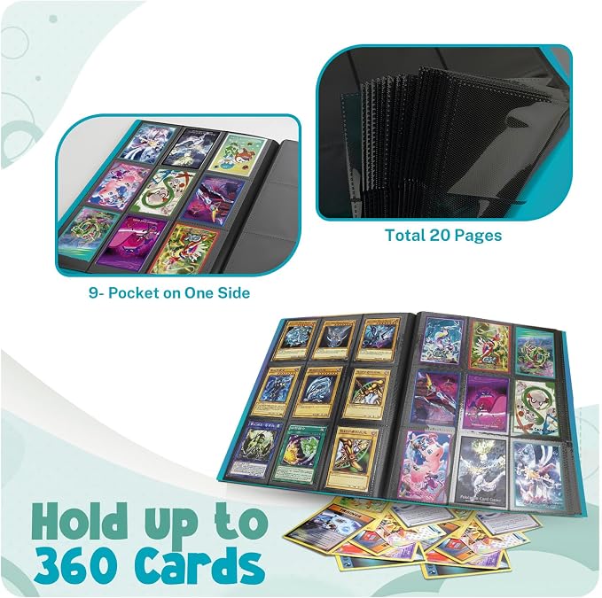 Card Binder, 9 Pocket Trading Card Album Folder,20 Pages, 360 Card Capacity Sports Card Binder, Premium Card Binders Compatible with MTG, TCG, Baseball Cards (Lake Blue)