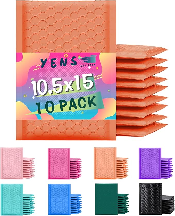 Yens Poly Bubble Mailers 10.5x16 10 Pack Orange Waterproof Self Seal Adhesive Shipping Bags, Cushioning Padded Envelopes for Shipping, Mailing, Packaging Usable 10.5x15