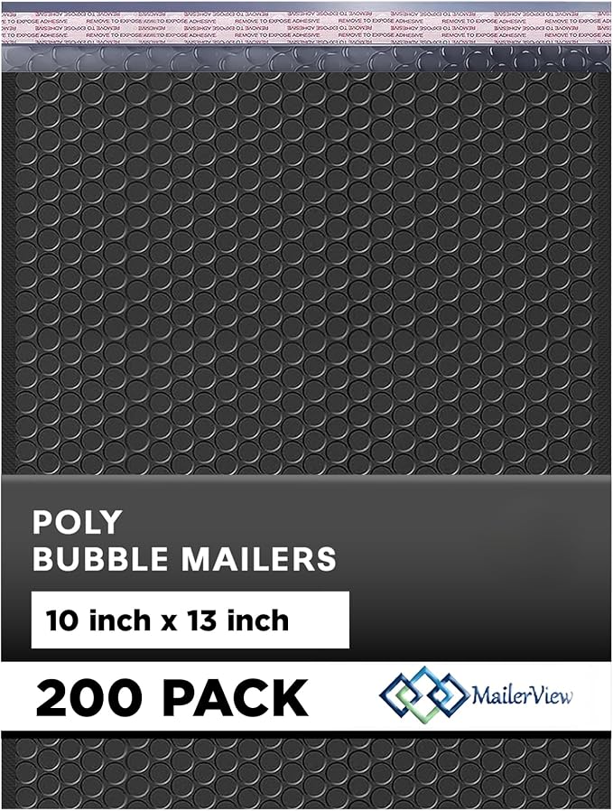 Jet Black Bubble Mailers 10x13, Self Seal Poly Padded Envelopes, 200 Pack | Fits Books & Magazines, No Tape Needed, Cushioned Protection, Water-Resistant Poly, Bulk Pack for Small Business
