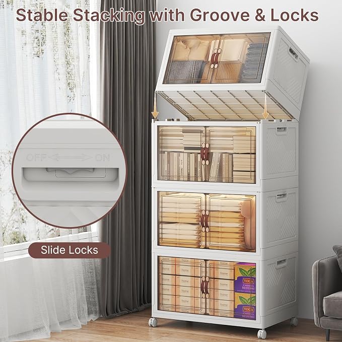 Stackable Storage Bins with Lids, 960QT Lockable Storage Cabinet | Folding Storage Box with Doors and Wheels, Collapsible Plastic Drawers for Home, Garage, Office