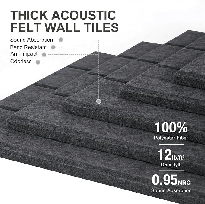 0.47" Thick Felt Wall Tiles 48"x36" Cork Board Alternative 12Pack 11.81"x11.81"Felt Bulletin Board Pin Board with Removable Adhesive tape&60 Pushpins for Home Office School(Bold-Charcoal Grey)