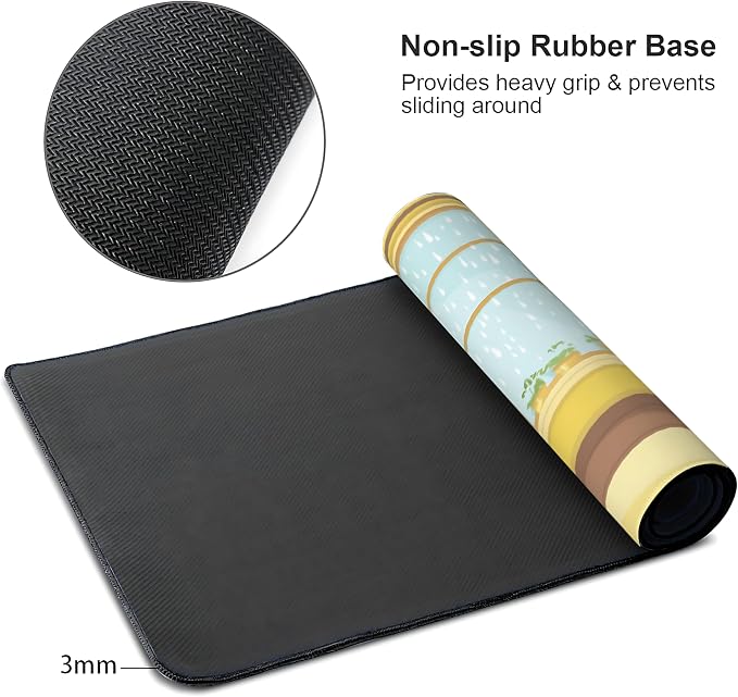 Cute Anime Black Cat Gaming Mouse Pad, Green Yellow Minimalist Desk Mat with Anti-Slip Base & Stitched Edges,35.4" x 15.7" in Desk Accessories for Women, Home Office Decor & Artistic Gift