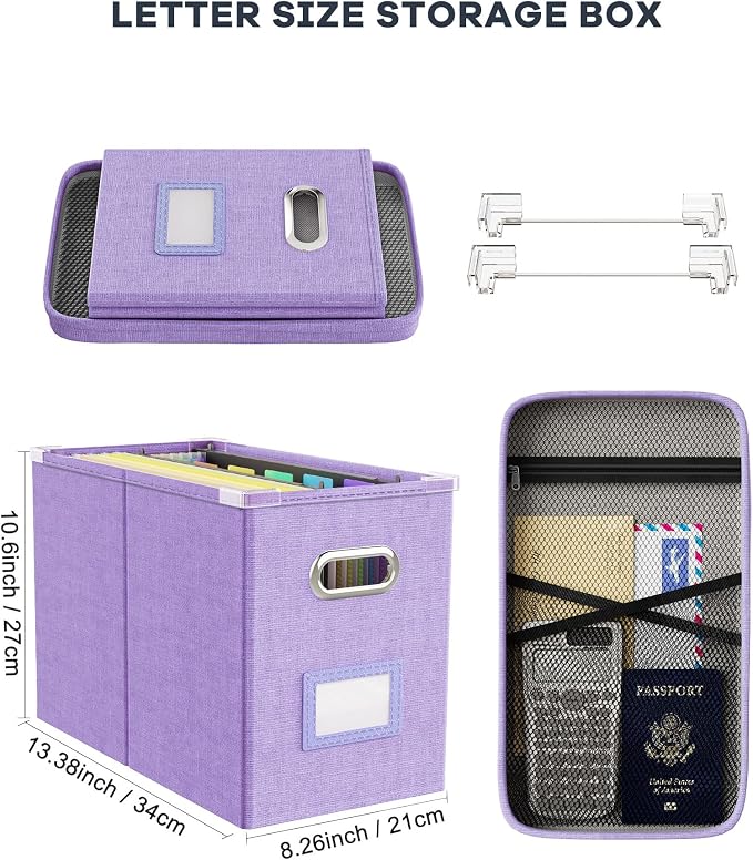 File Organizer Box with Lid, Hanging Filing File Box with Mesh Pocket, Document Organizer Box for Letter Files, Portable Storage Box with Smooth Sliding Rail for Office&Home (1 PCS, Lavender)