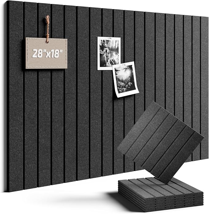 28" x 18" Felt Bulletin Board Tiles, Fine Stripe, Charcoal Gray | 6-Pack Cork Board Alternative, 30 Adhesive Tabs, Push Pin Board, Wall Decor, Office, Home, Classroom, Dorm