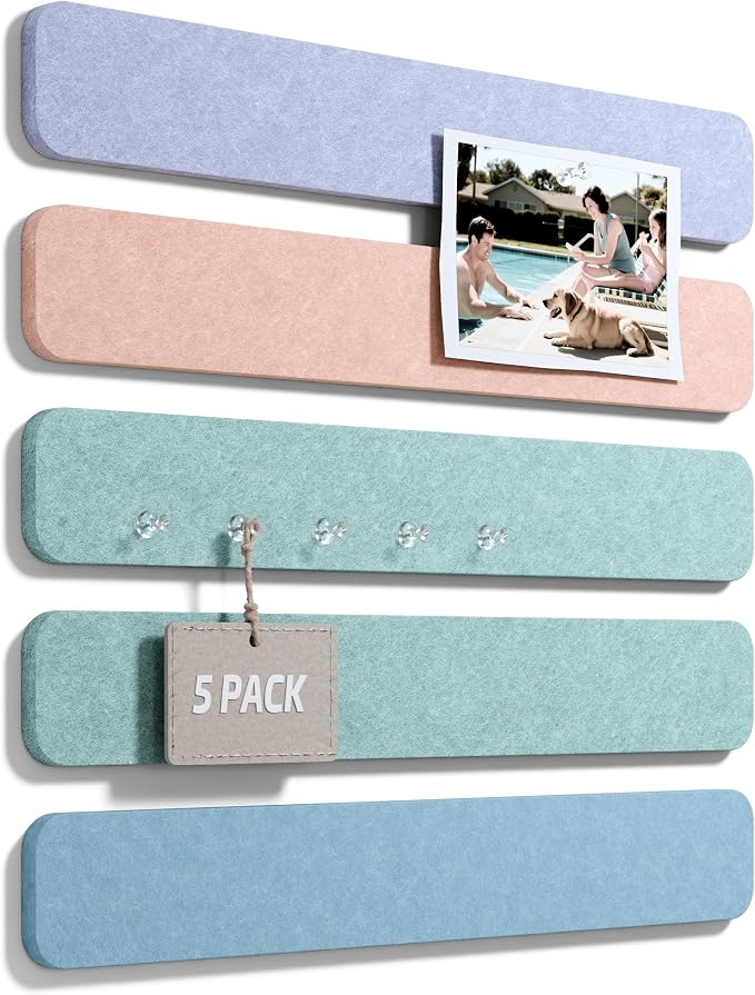 Fluxynara 13" x 2" Felt Wall Panels, Coastal Haze | 5-Pack Includes 35 Push Pins and Adhesive Tabs for Photos, Notes and Decor in Bedroom Doors, Home Office or Studios